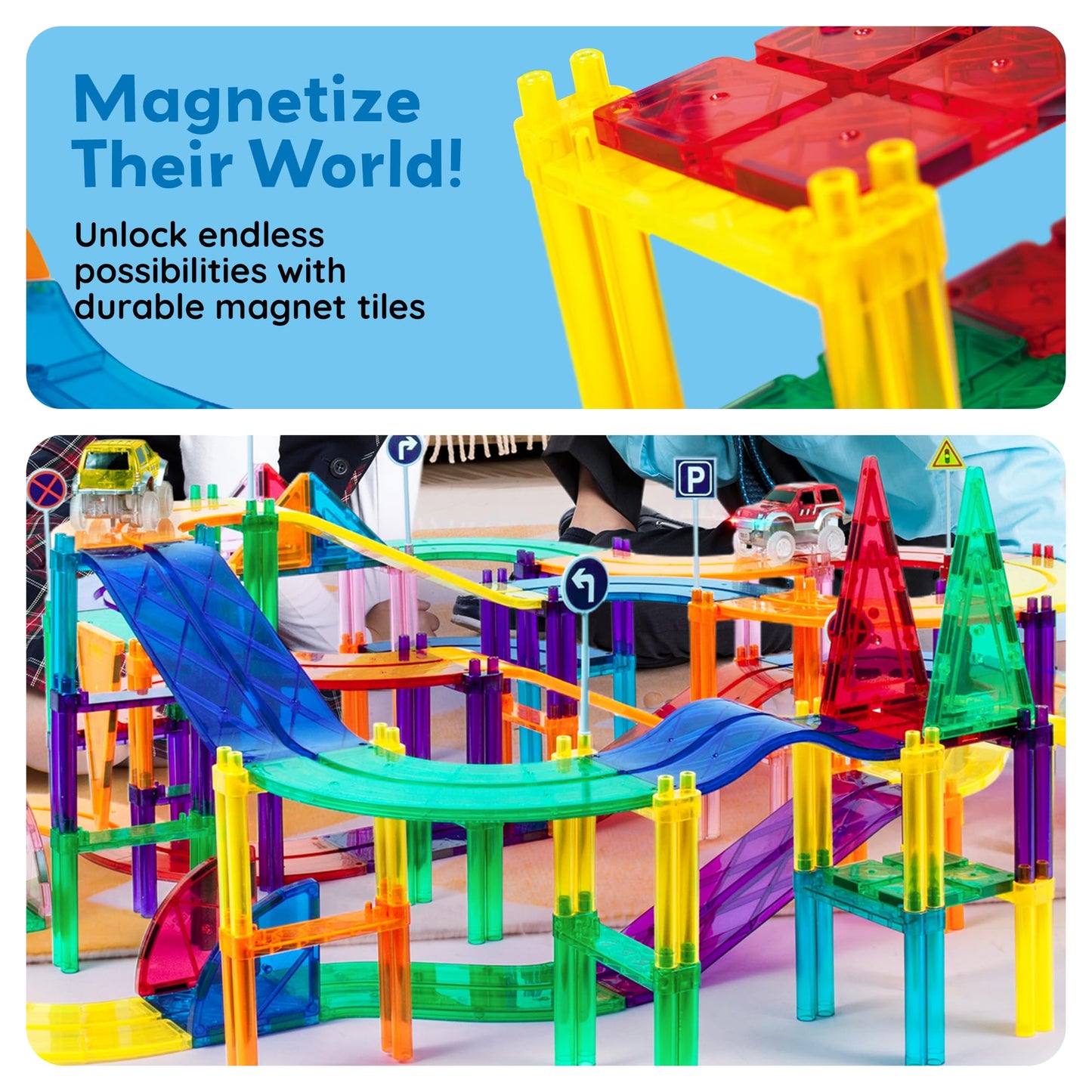 PicassoTiles 128pcs Magnetic Race Car Track Building Block Educational Toy Set Tiles Magnet Playset 3 LED Car STEM Learning Construction Kit Fine Motor Skill Training Brain Development for Kids Age3+