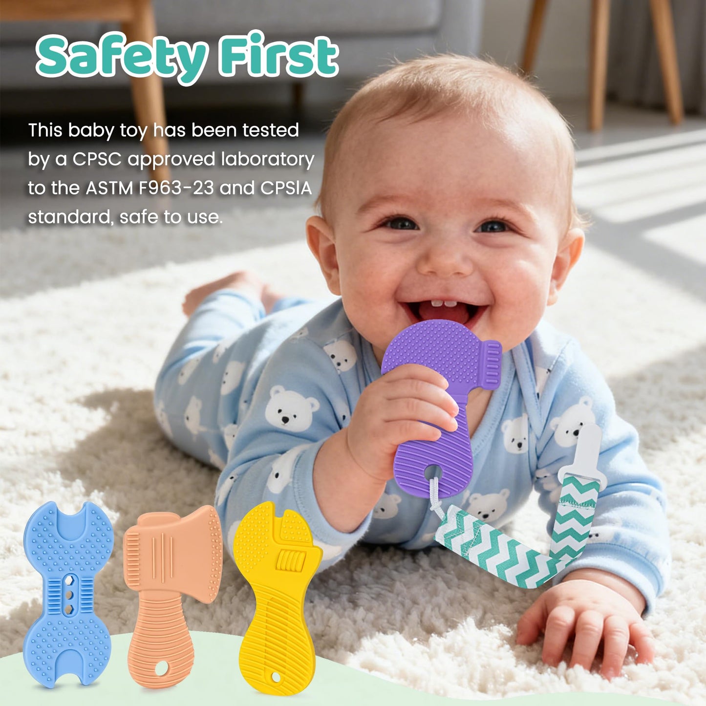 Baby Teething Toys, 4 Pack Silicone Baby Teether Toys with Pacifier Clips, Tool Shape for Babies 0-6 6-12 Months, Multi-Texture Gum Massage Teething Relief, Easy Grip for Newborn Infant Toddler
