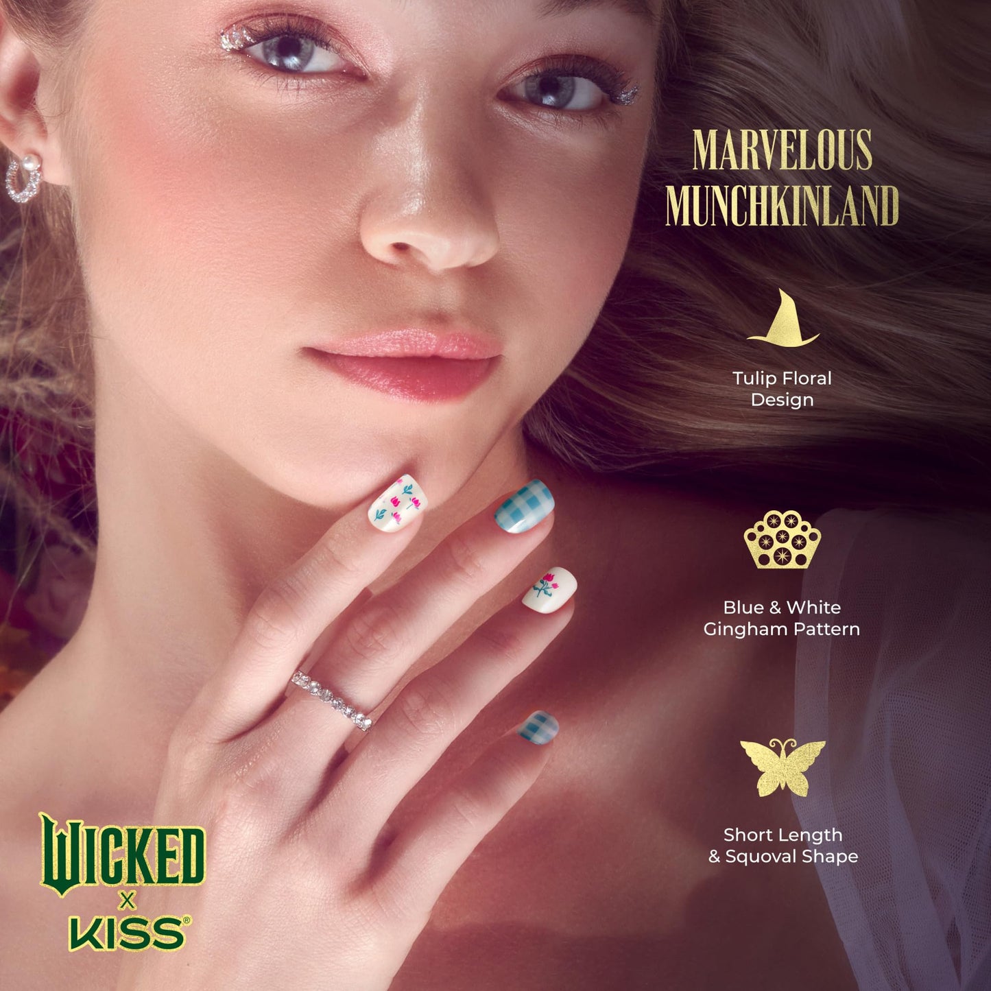 WICKED X KISS Press On Nails, ‘Marvelous Munchkinland’, Blue, Short Squoval, Waterproof, Chip Proof, Smudge Proof, 28 Fake Nails, Pink Gel Nail Glue (2g), Mini Nail File, & Manicure Stick