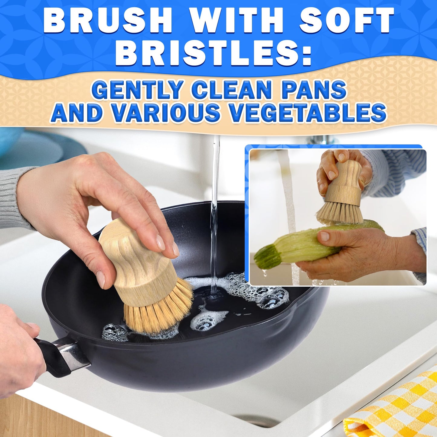 5 Pcs Bamboo Dish Brush Set – Bamboo Dish Scrubber with Soft & Stiff Non-Scratch Bristles, Ergonomic Handle, Replacement Head Included – Lightweight Kitchen Scrubber for Pots, Bottles & Vegetables