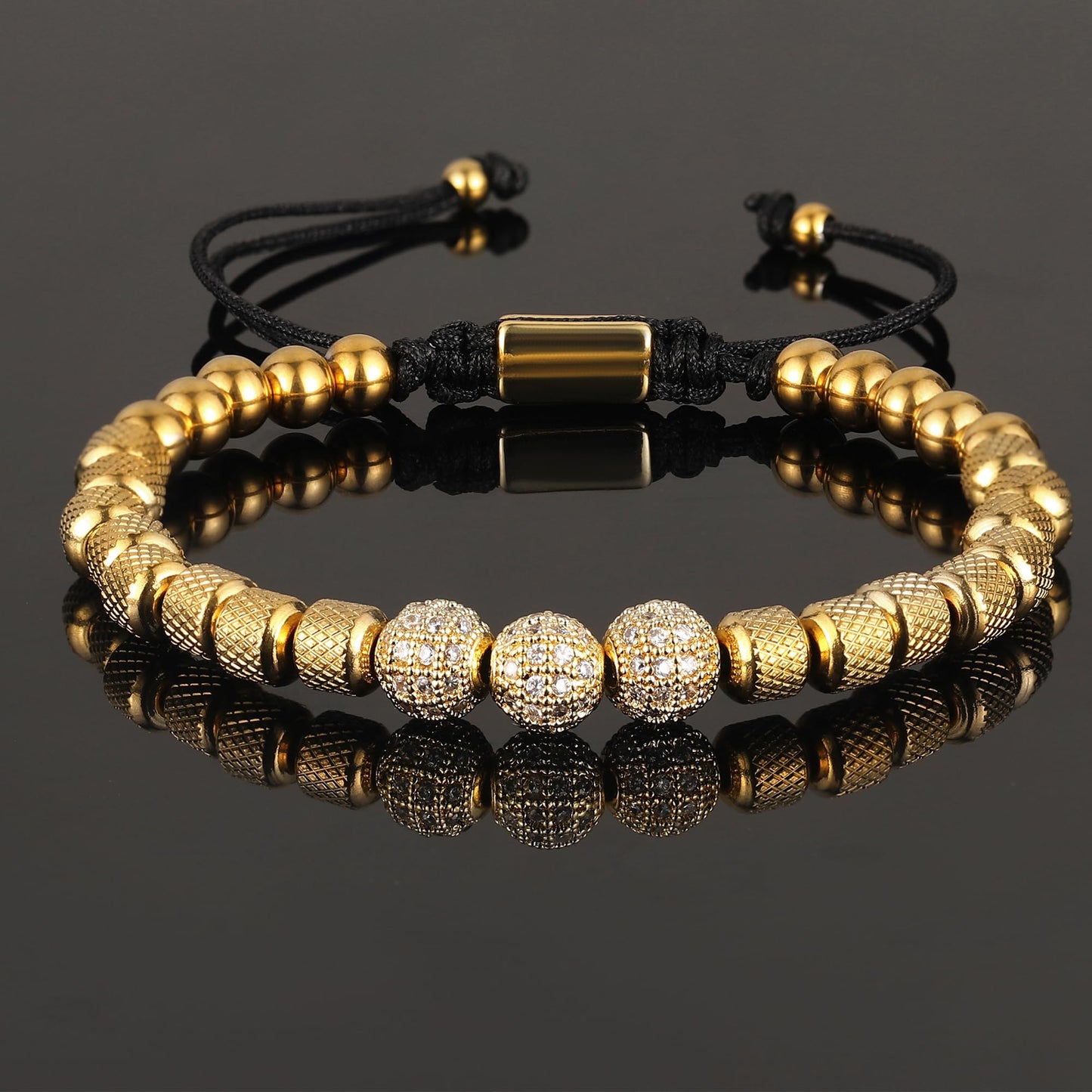 WFYOU 3PCS Stainless Steel Bracelets for Men Gold Roman Numeral Bangle Bracelet Twisted Cable Bracelet Adjustable Cuff Bracelet Mens Luxury Jewelry Bracelets Gifts(N:Gold-CZ Round Beads)