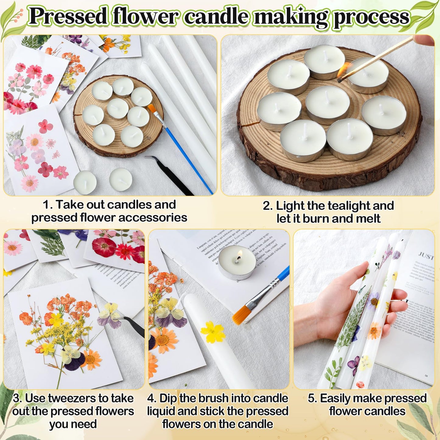 MTLEE 30 Pack Pressed Flower Candles Making Kit 6 Set Dried Pressed Flowers 12 White Taper 10 White Tealight Candles with Tweezers Brush for DIY Crafts Birthday Wedding Party Favors