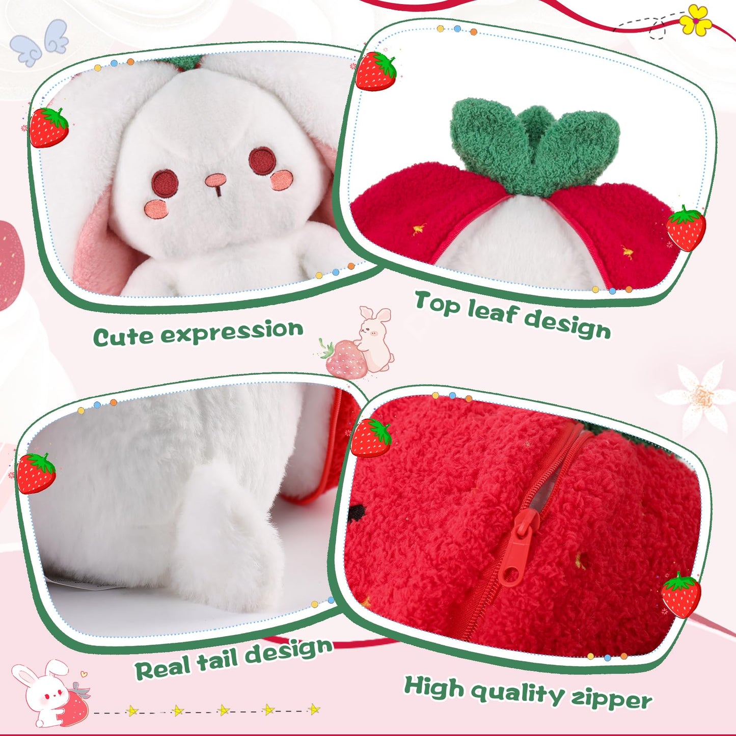 MIAODAM Easter Strawberry Bunny Plush Toy- Cute Soft Huggable Stuffed Animal for Kids & Collectors, Birthday Present & Nursery Decor 10inch
