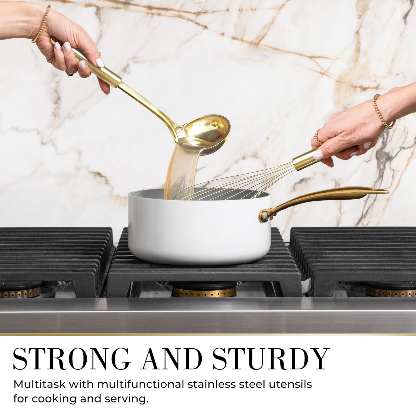 7-Piece Beige & Gold Kitchen Utensils Set – Non-Toxic Silicone & Stainless Steel Tools for Cooking, Serving, & Hosting – Ideal for Nonstick Cookware & Modern Kitchens, with Gold Utensil Holder