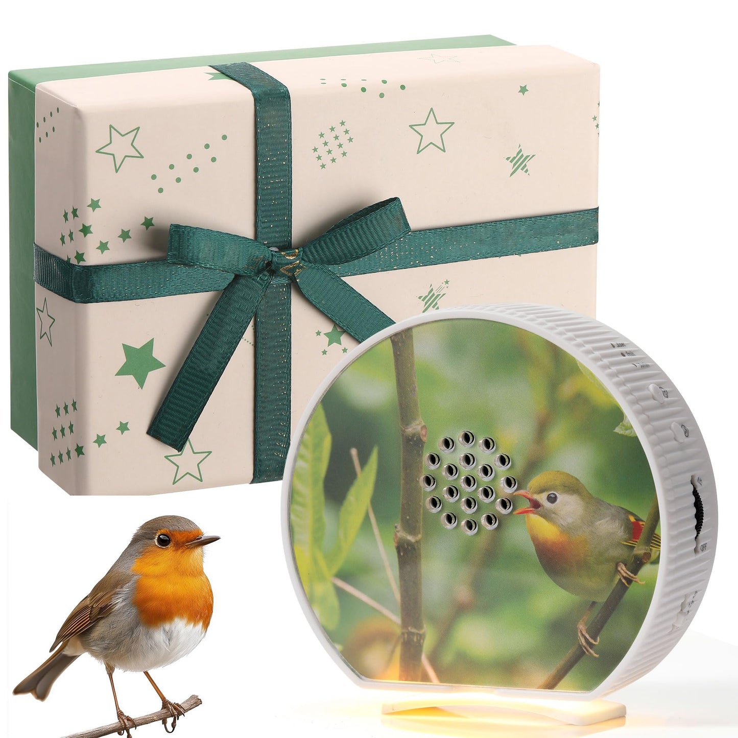 Hollowfly Singing Bird Box White Noise Sound Machine LED Light Radar Sensor Relaxation Device with 12 Natural Sounds Scenery Card Timer Bird Lover Gift for Sleeping Winter Holiday Staff Teacher Office