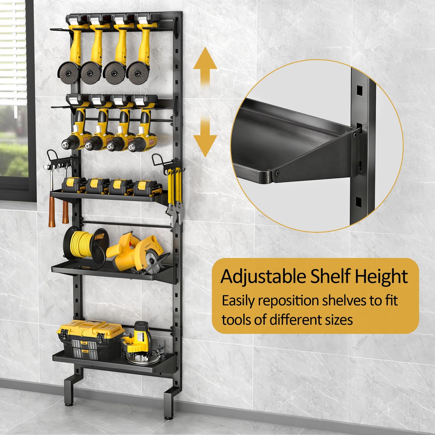 BUKFEN Garage Tool Storage Rack, Wall Mount 5-Tier Heavy Duty Metal Organizer with 8 Drill Holder Slots, Adjustable Shelves, Side Hooks Workshop Utility 1 Pack Black Vertical Space-Saving Organization