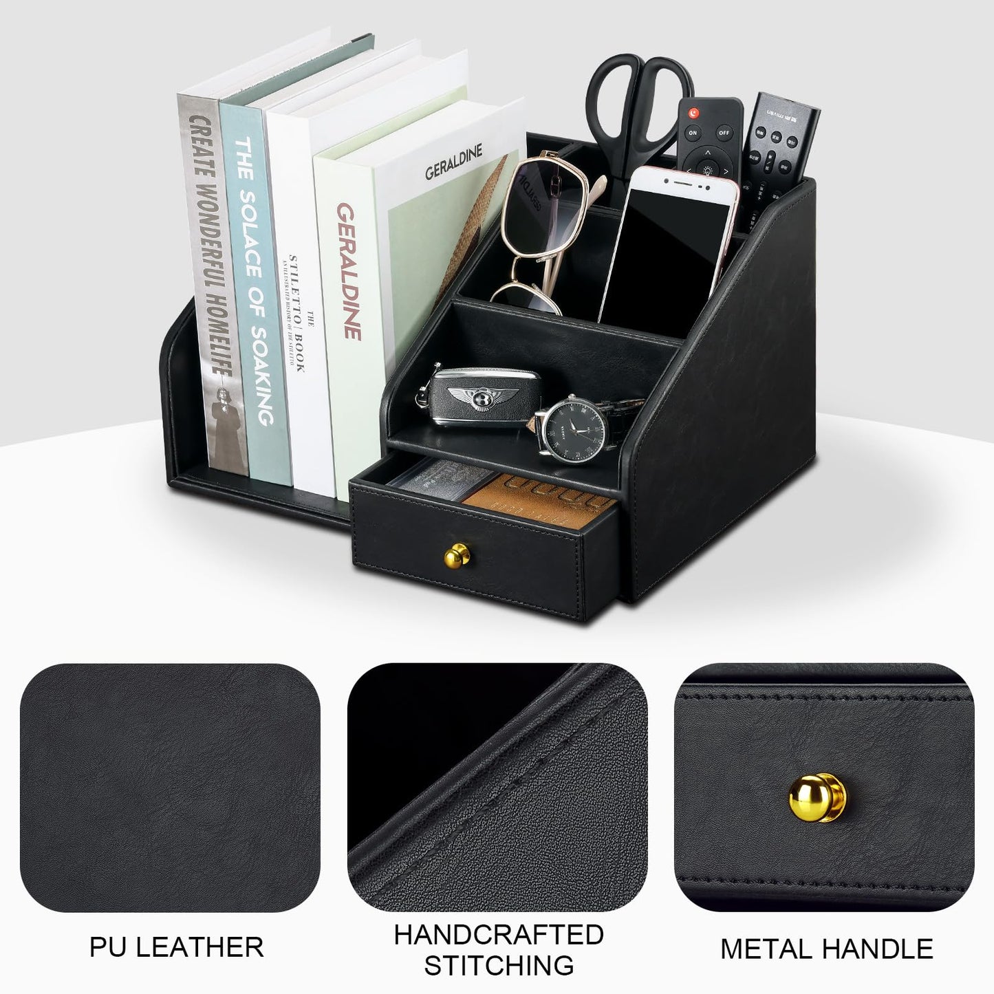 KINGFOM PU Leather Desk Organizer, Multifunction 6 Compartment Desk Organizers and Accessories for Office Supplies, Pen Pencil Holder/Book Mail Organizer Holder for Desk with Drawer(Black)