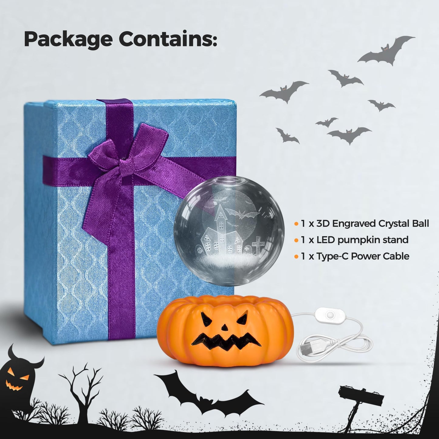 Briignite LED 3D Crystal Ball Night with Pumpkin Switch Light Base, Funny Halloween 3000K Warm Night Light for Kids Room Holiday Party Decor and Gift