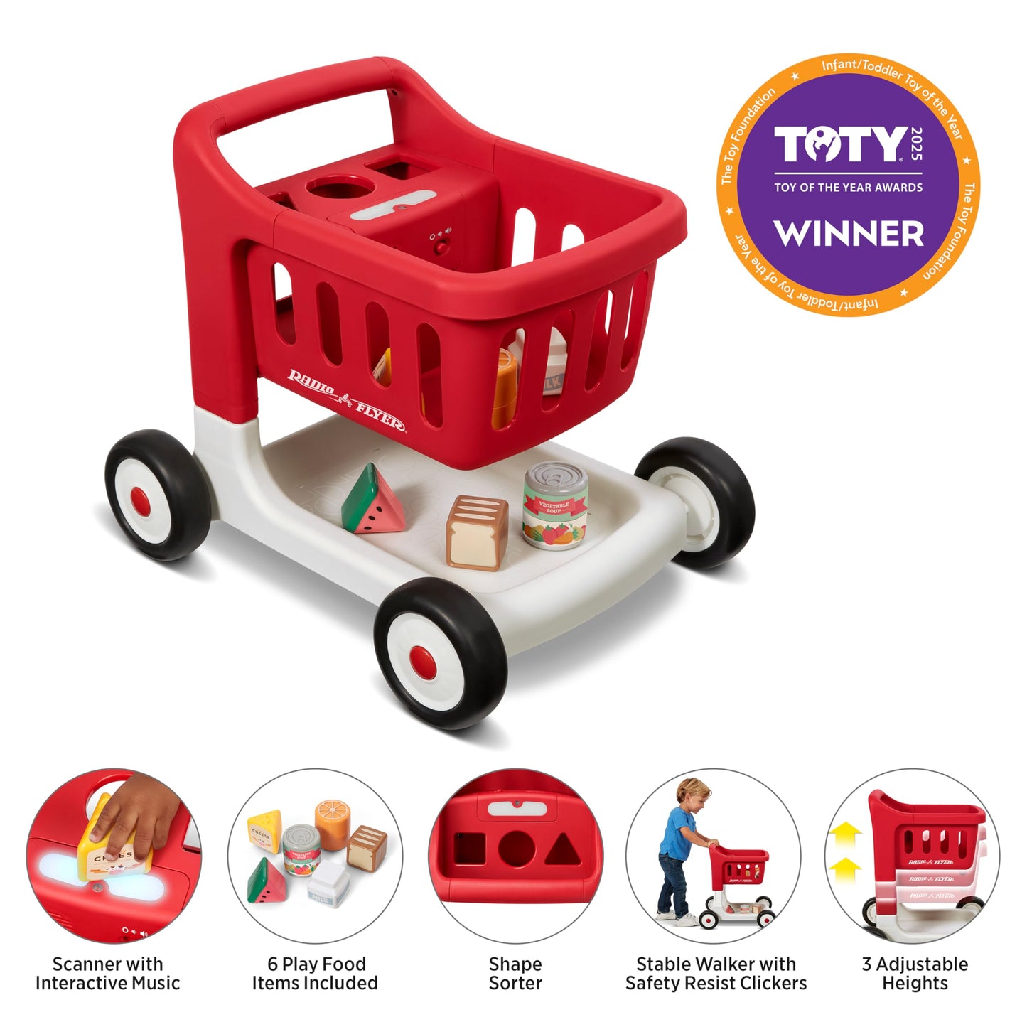 Radio Flyer Scan & Sort Shopping Cart, Red, for Kids 1+, Interactive Baby Walker with Lights & Adjustable Sound, Includes 6 Play Food Items, Adjustable Height Baby Push Walker, for Indoor Play