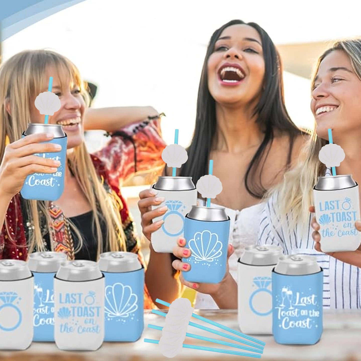 12Pcs White Shell Blue Straws - Ocean Birthday Wedding Decorations,Shell Disposable Drinking Paper Straws,Last Toast on the Coast Party Decorations,Seashells Bachelorette Party Centerpieces