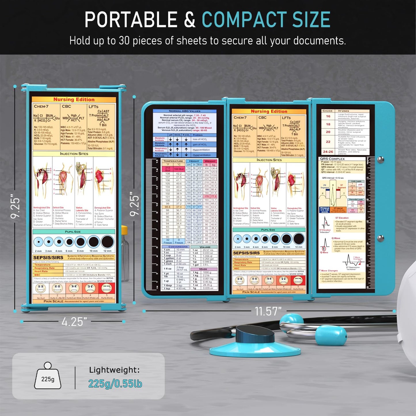 Nursing Clipboard Foldable, Foldable Clipboard w/Nursing Edition Cheat Charts,3 Layers Aluminum, Nurse Clipboard w/Low Profile Clip&Pen Clip Pocket for Students, Nurses and Doctors, Blue