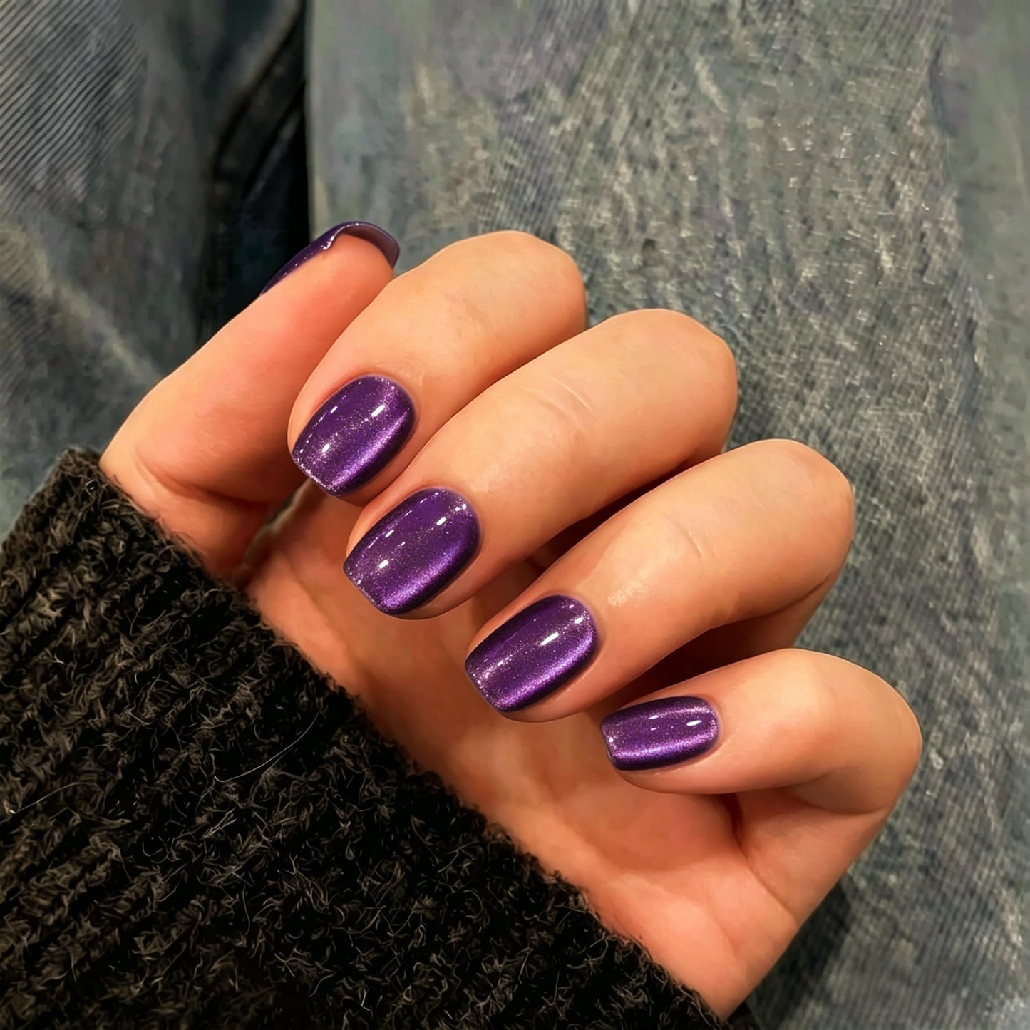 KQueenest Cat Eye Press on Nails Short, 30 Pcs Chrome Dark Purple Press on Nails Square, Glitter Sparkly Fake Nails Press on Short, Reusable Soft Gel Glue on Nails for Women Salon-Quality Manicure