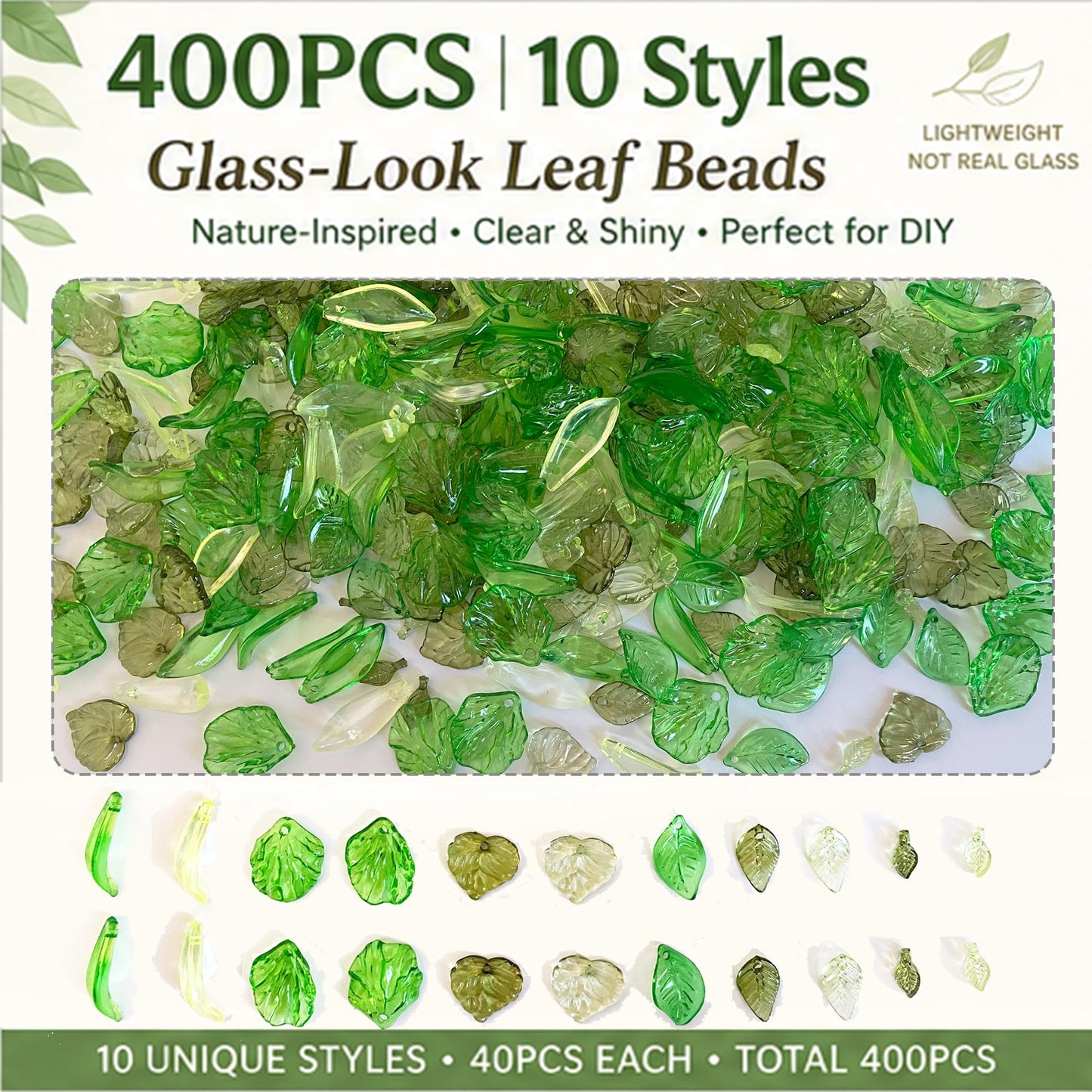 Green Acrylic Leaf Beads 400PCS – Transparent Leaf Charms for Jewelry Making, Acrylic Plant Beads for Earrings, Bracelets & Necklaces (Mixed Styles)