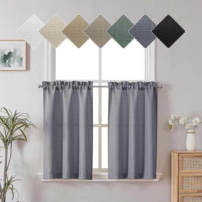 Chyhomenyc Dark Grey Curtains - 30 Inch Length, Faux Linen Textured Small Window Curtains, Light Filtering for Bathroom, 30x30 Inch, 2PCS