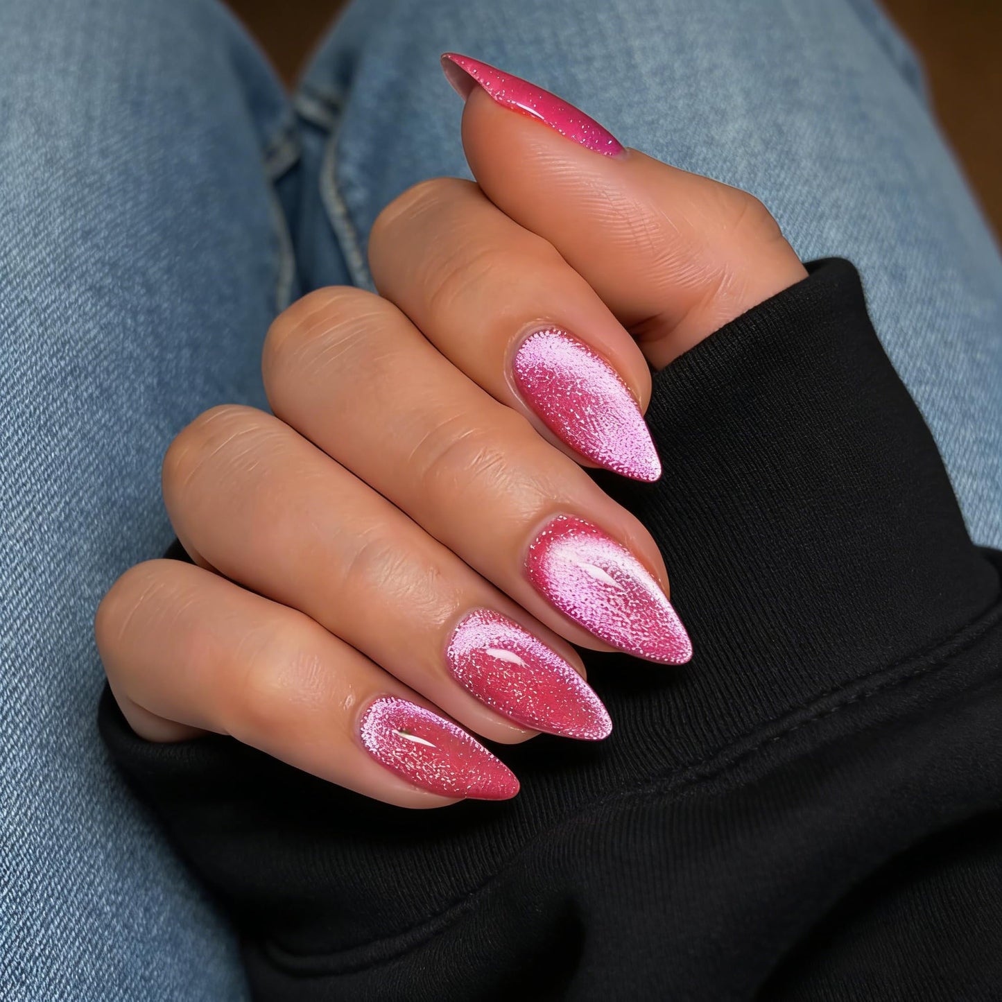 SXVME Hot Pink Cat Eye Press On Nails Almond Shaped - Bling Medium Stiletto Fake Nails, Natural Shimmer Glue on Nails, Opaque Glitter False Nails for Women Summer, 30 Pcs