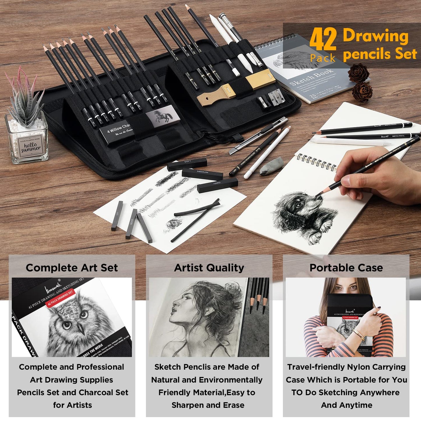 Brusarth 42 Pack Drawing Set Sketching Kit, Pro Art Sketch Supplies with Sketchbook, Include Graphite Pencil, Charcoal Pencil, Sharpener, Eraser Art Supplies for Artists Adults Teens Beginner