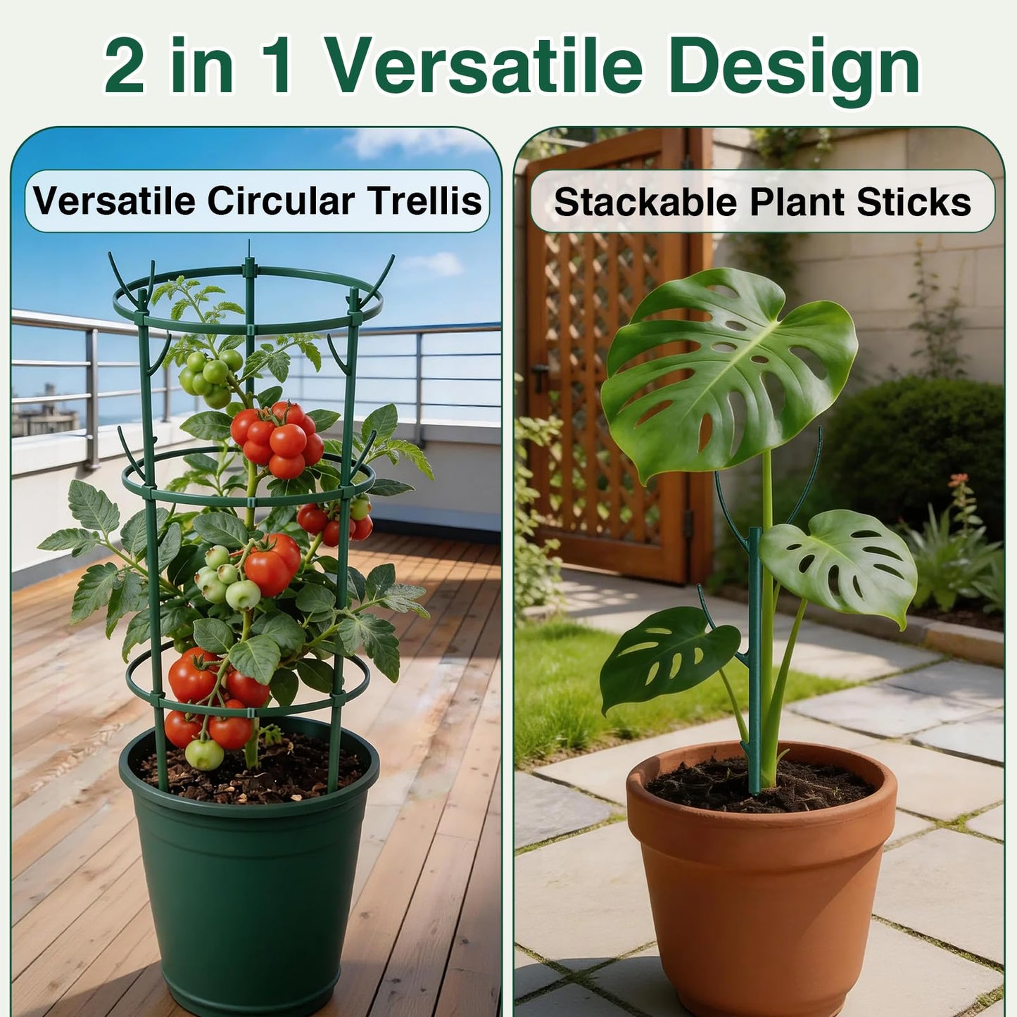 10Pack Stackable Plant Support, 2 in 1 Monstable Plant Stakes & Tomato Cage Kits for Indoor Outdoor Climibing Plants, Durable Alternative to Moss Pole Sticks Trellis for Houseplants Potted