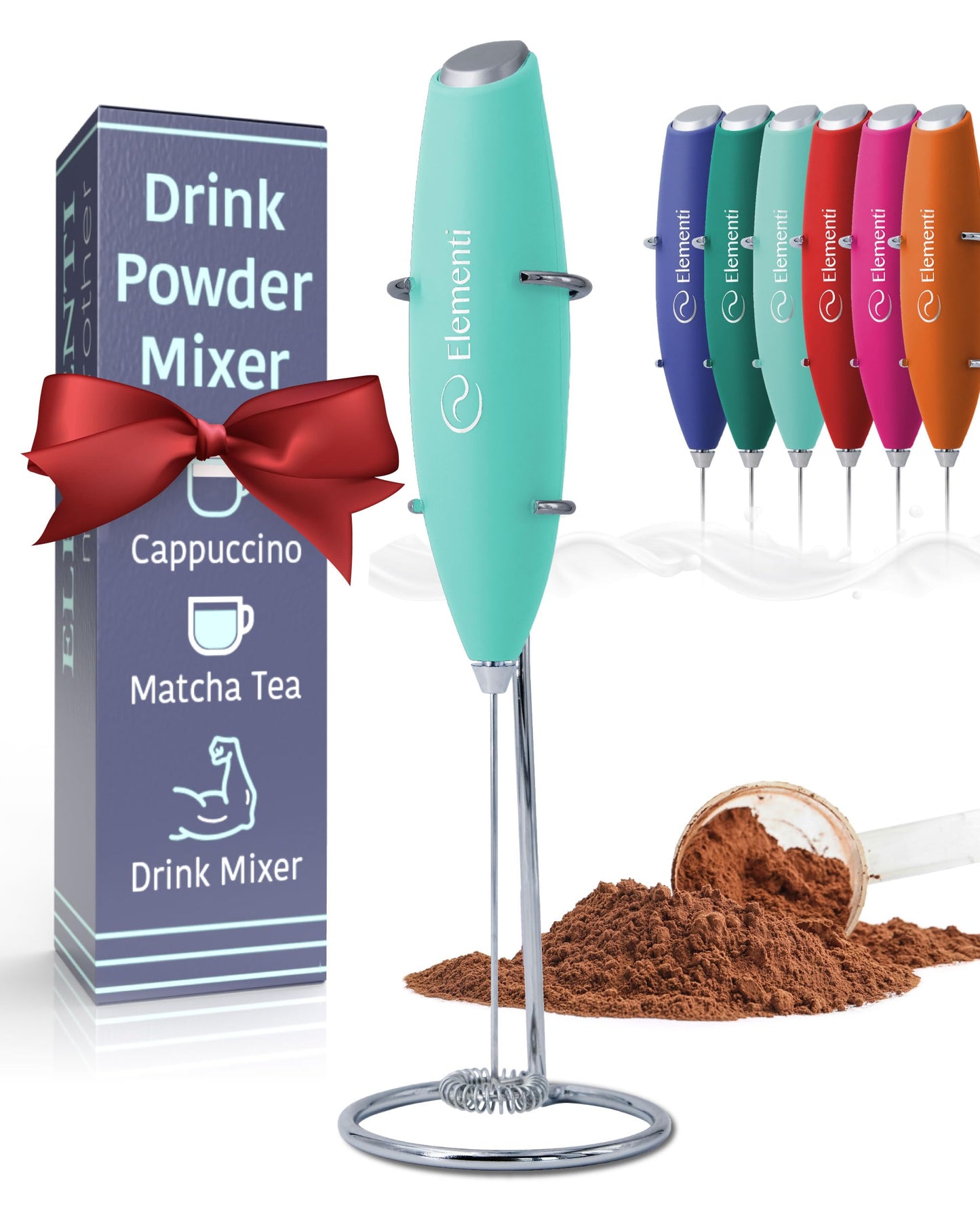 Elementi Drink Mixer Handheld - Electric Drink Stirrer for Powder Drinks - Protein Powder Mixer Wand & Frother - Hand Frother with Stand (Mint Green)