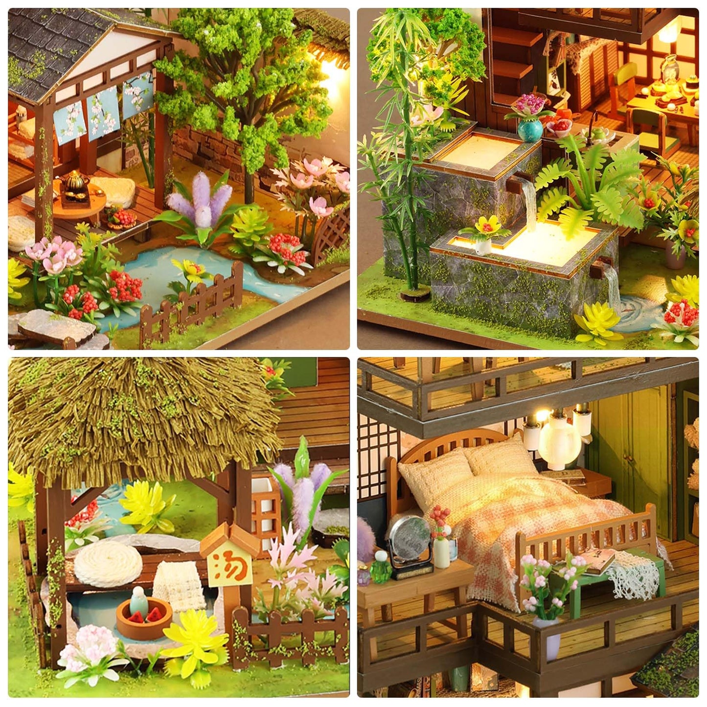 Foyucool Miniature House Kit, Tiny House Kit with Light, DIY Mini House Building Kits for Adults to Building, Unique Gift for Birthday Mother's Day, Bamboo Spring Courtyard
