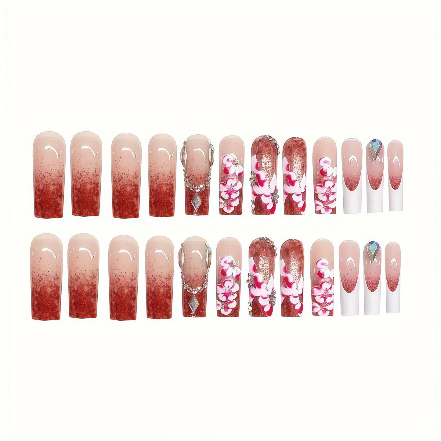 Long Press on Nails Square Fake Nails Pink Acrylic Nail Press Ons Seeneey 3D Flowers and Rhinestones Designs Stick on Nail for Women 24pcs