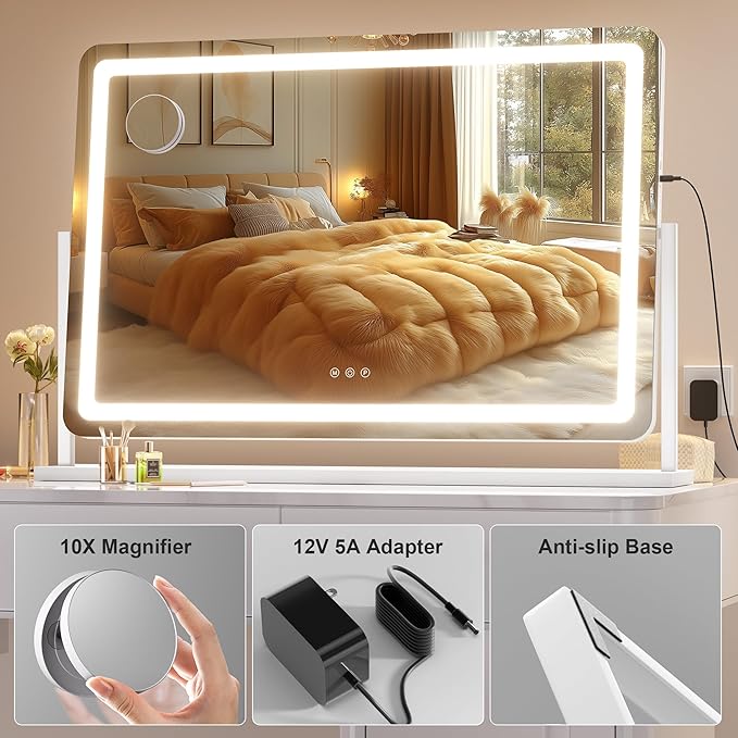Hasipu Vanity Mirror with Lights, 35.4" x 23.6" LED Makeup Mirror, Light up Mirror with 10X Magnification and Phone Holder, USB Charging Port, Smart Touch 3 Colors Dimmable (White)