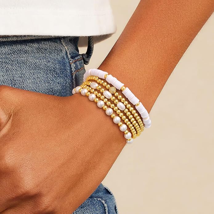 M MOOHAM Gold Beaded Bracelets for Women - 14k Real Gold Plated Beaded Pearl Bracelet Set Stack for Women Trendy Non Tarnisn, Adjustable Stretch Bracelet Jewelry Gifts for Teen Girls Women