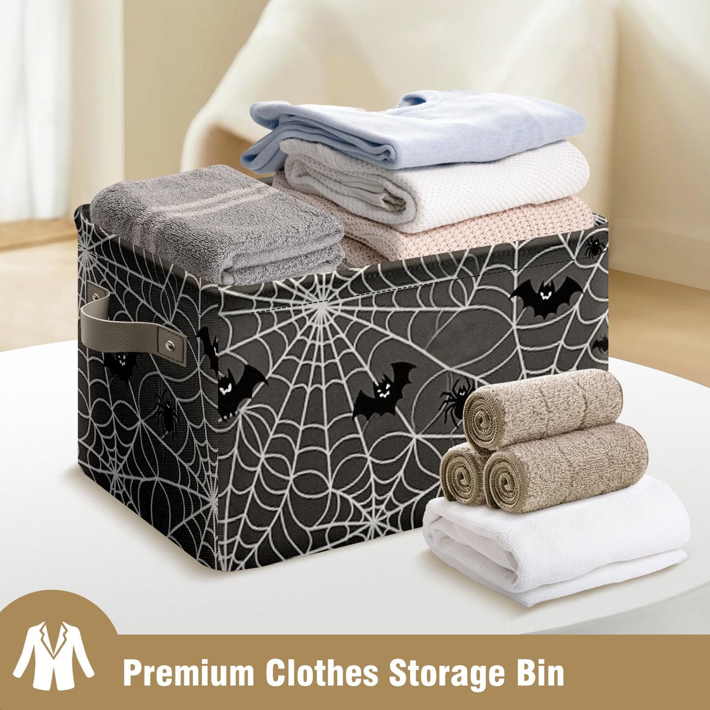 AHENGPAIG Halloween Baskets,Spider Web Bat Storage Bins with Handles for Men, Foldable Organizer Storage Boxes 14 x 10 x 8