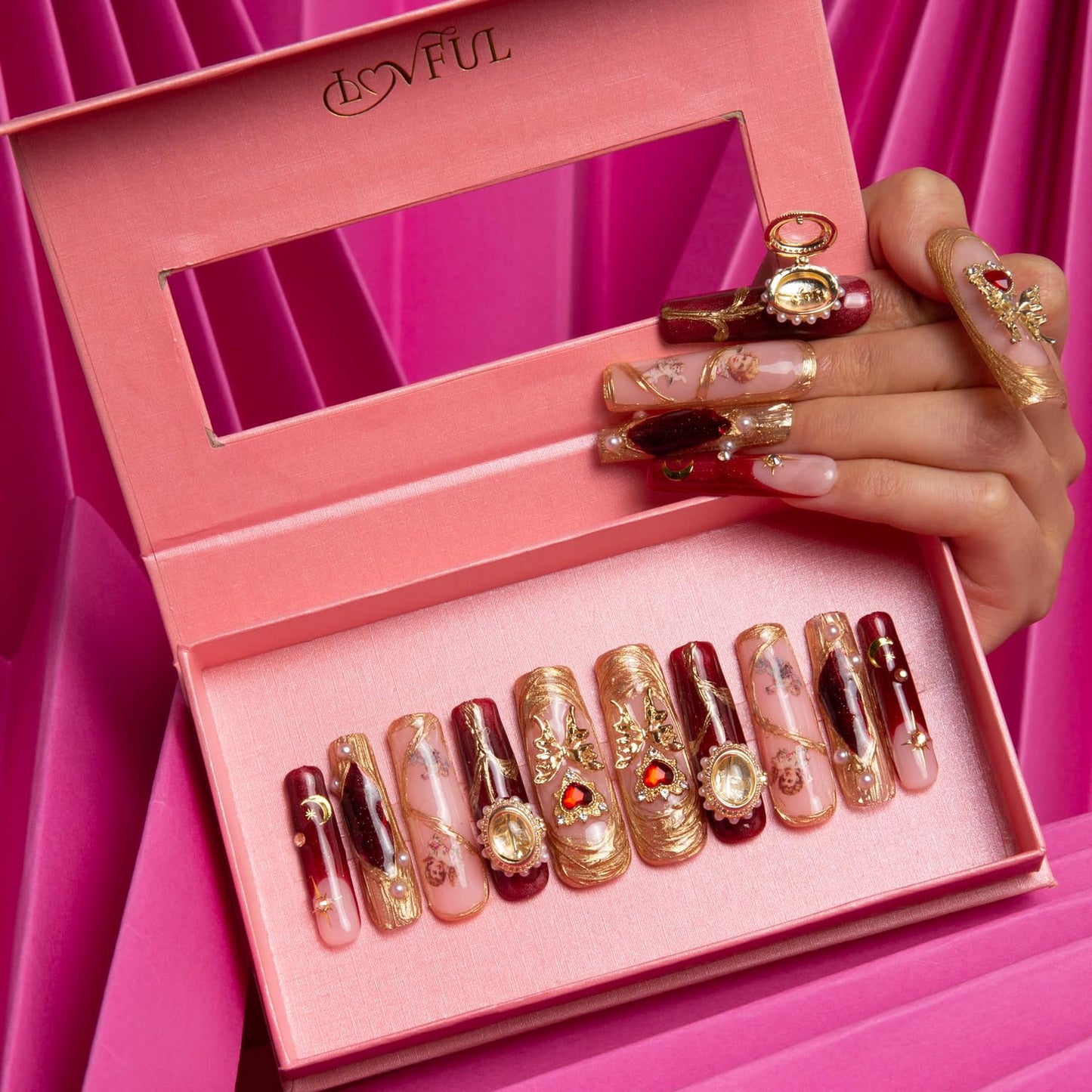 LOVFUL Press on Nails Verona Handmade Curve | Handmade with Full Covered Crystals | Reusable Fake Nails | Square Mid length 1.7in | H186-M