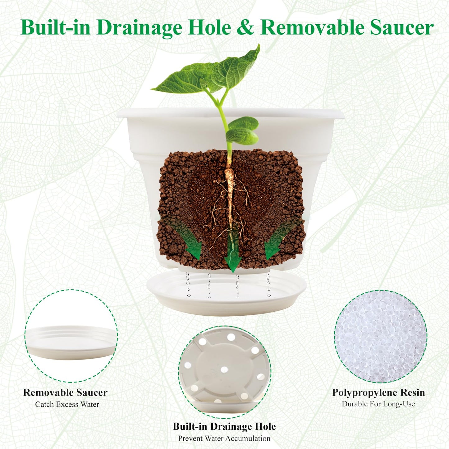Pottiffe 13 Inch Plastic-Flower-Pot-for-Indoor-Plants, 4 Pack Large Outdoor Planter Pot with Drainage Holes & Saucers, Resin Decorative Garden Pots Planters