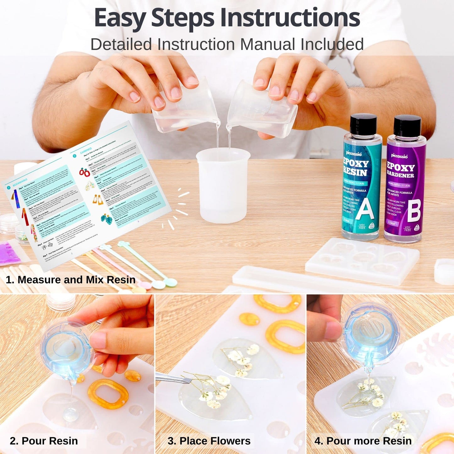 Piccassio Epoxy Resin Kit for Beginners – 208-Piece Jewelry Making & Craft Kit with Molds, Dried Flowers, Glitter & Tools – Complete Starter Set for Keychains, Bookmarks, Pendants & DIY Resin Art