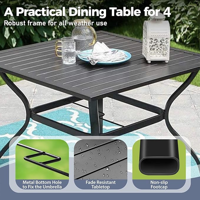 5 Piece Patio Dining Set for 4, 37”x37” Square Table with Umbrella Hole, 4 Metal Red Chairs, Outdoor Table and Chairs Set for Lawn Backyard and Deck