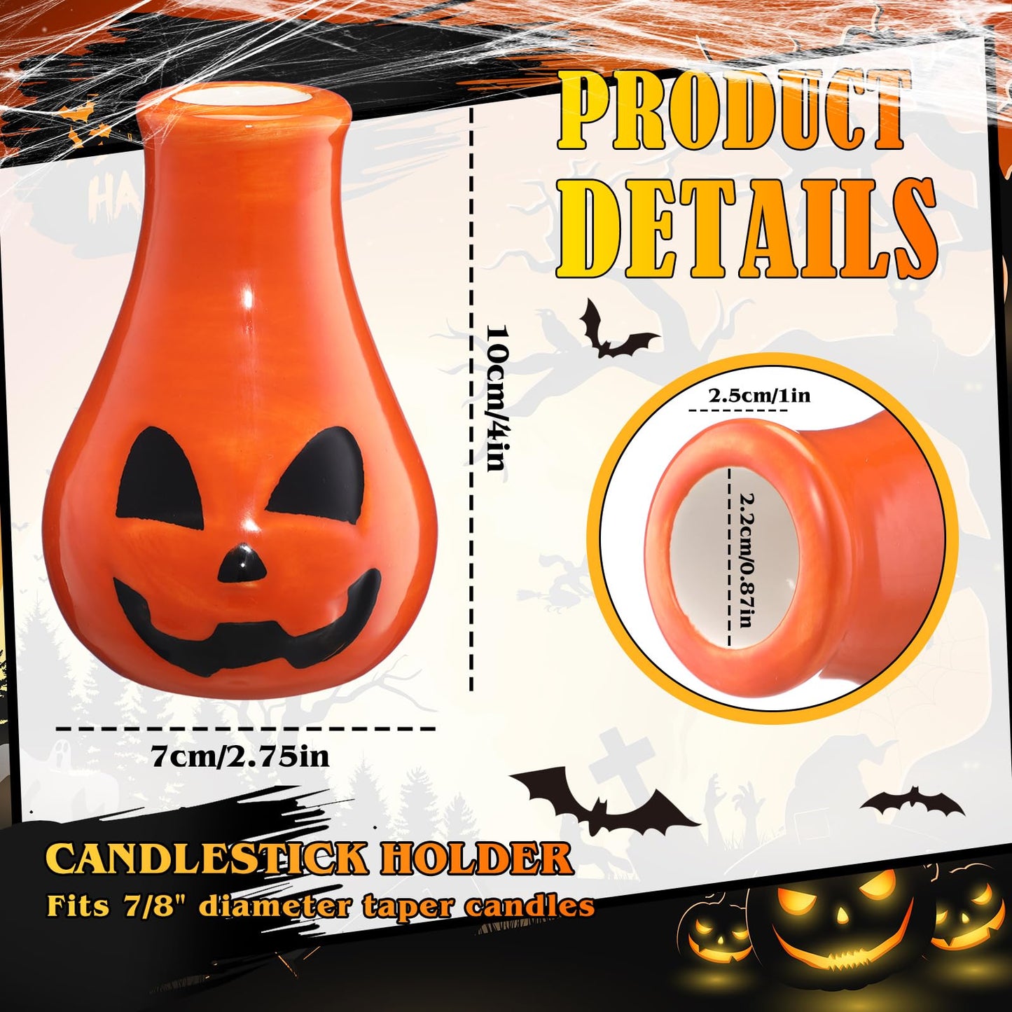 LemonRoad 3 Pcs Fun Halloween Candlestick Holders Pumpkin Wine Glass Candle Stick Holders Ceramic Taper Candle Holder for Halloween Party Holiday Office Home Decor Gift