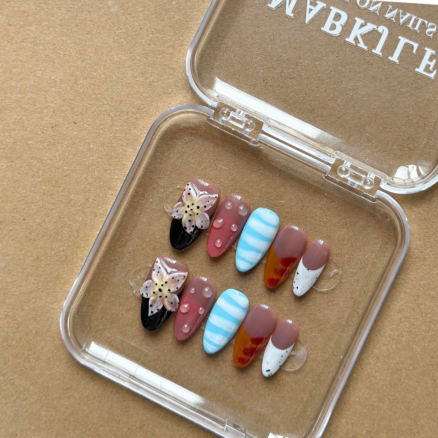 Luxury Press on Nails Medium Almond Handmade 3D Unique Reusable ABS Material Fake Nails French Tip False Nails with Designs Flower Water Drop Art Petal Glossy Glue on Thick Acrylic Nails(S)