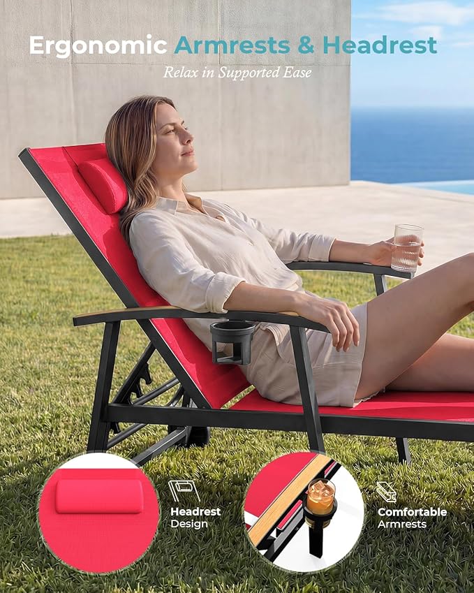 Ciokea Outdoor Lounge Chair with Pillow Set of 4, 5-Position Chaise Lounge with Wheels & Armrests, 400 lbs Heavy Duty Aluminum Pool Lounge Chairs, for Beach, Deck, Poolside & Backyard, Red