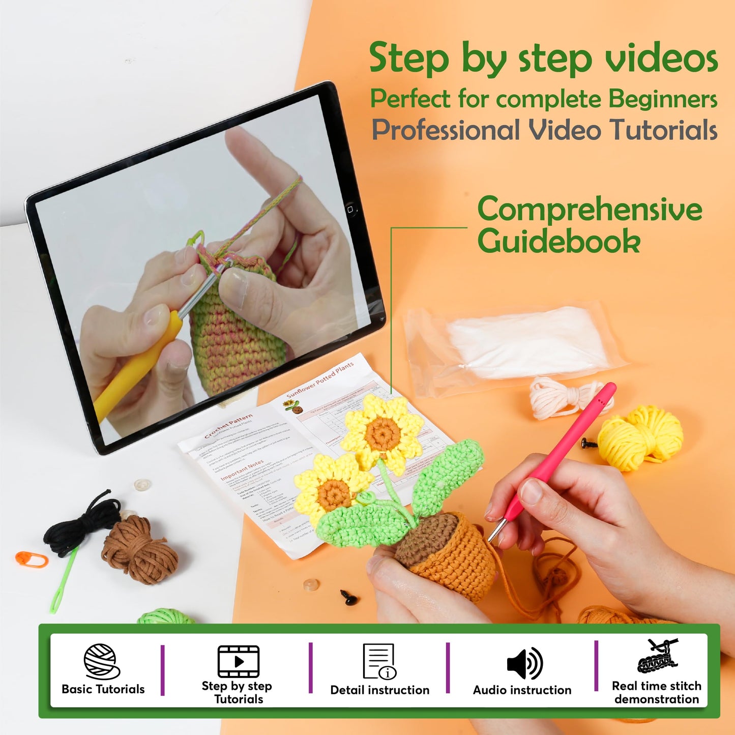 A-URA Learn to Crochet Kit for Beginners Kids and Adults, Premium Pattern Sunflower Beginner Crochet Kits with Easy Tube Yarn & Step-by-Step Video Tutorials