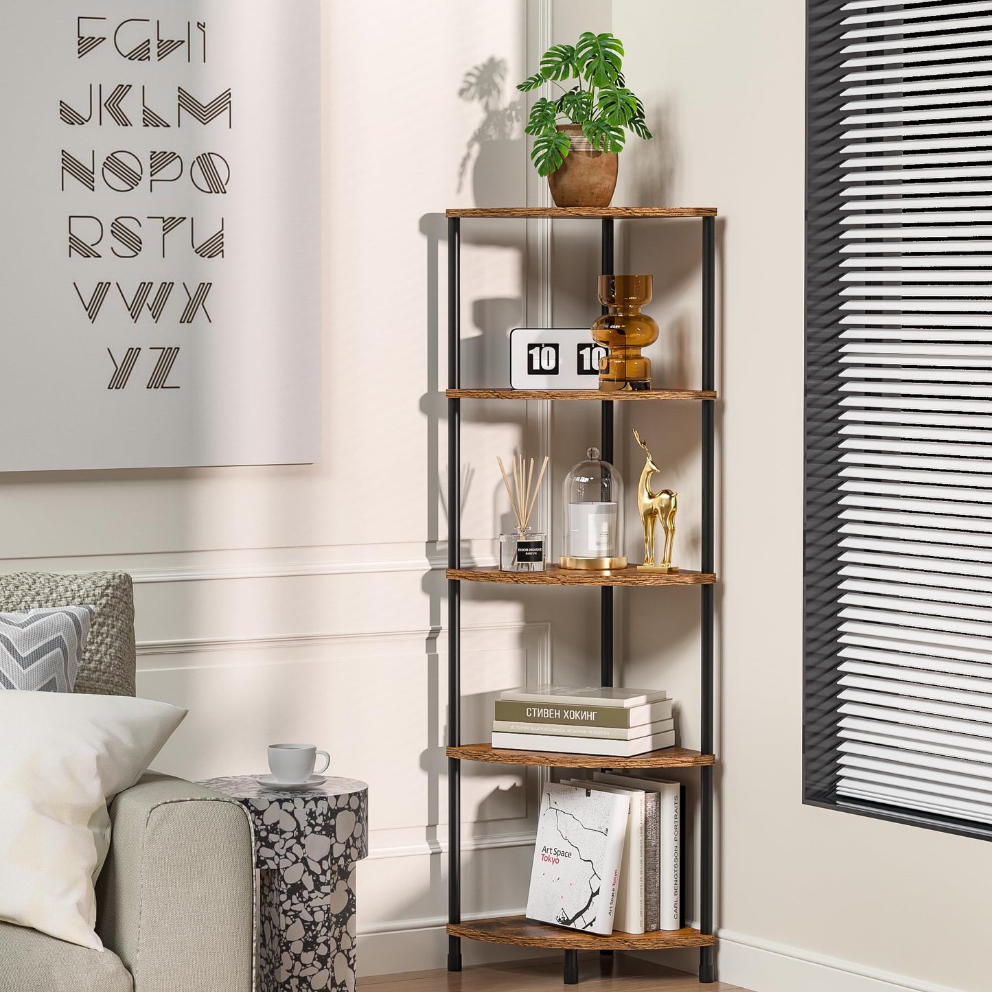 Greatseas Corner Plant Stand Shelf, 5 Tier Tall Shelf Plant Stand for Indoor Plants, Rustic Brown Corner Bookshelf Wall Decor Living Room, 44.1" Display Shelf for Bedroom, Bathroom, Small Space