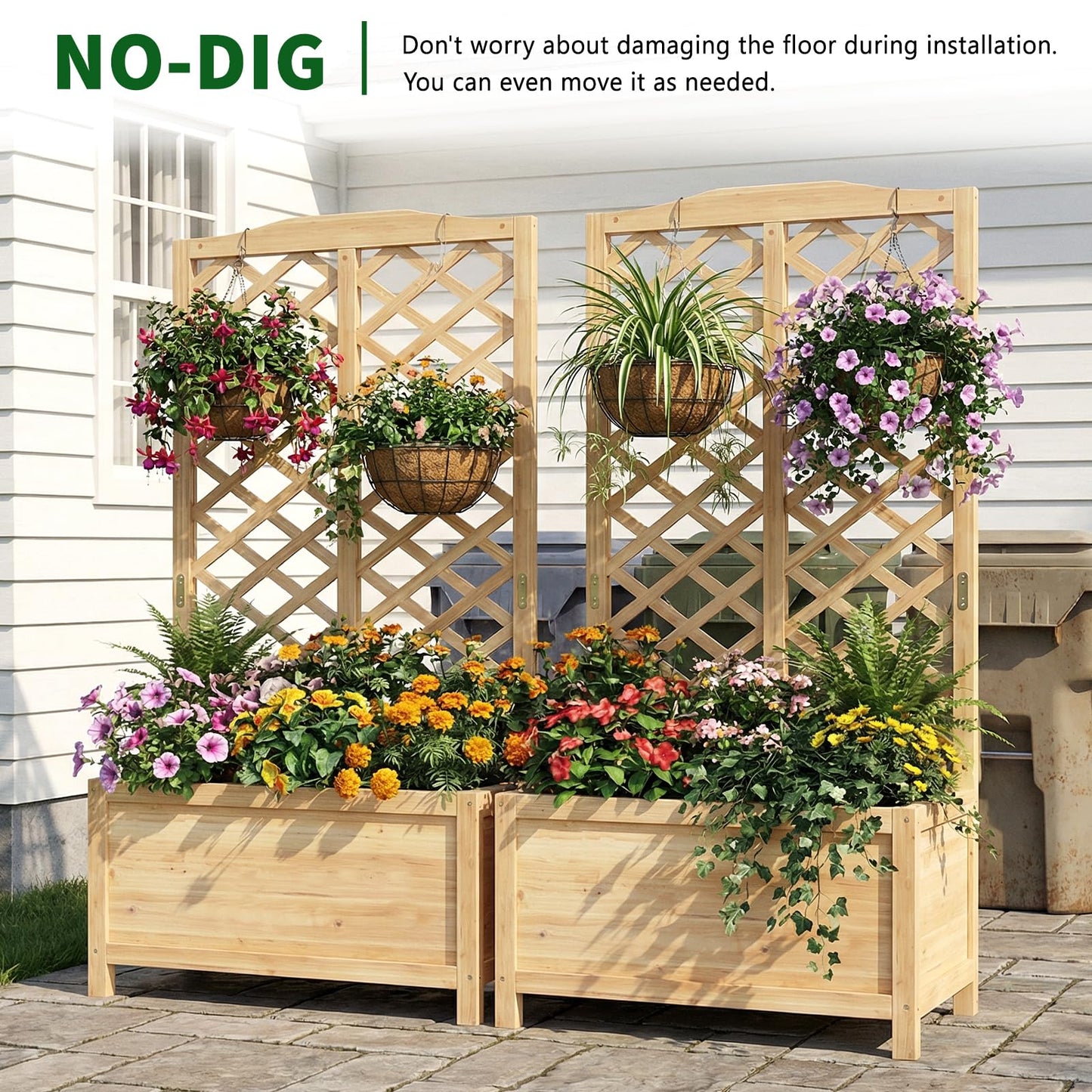 UrGROWA Wooden Raised Garden Bed with Trellis, Freestanding Planter Box with Drainage for Vines Climbing Plants Flowers Herbs, Elevated Gardening Planter for Backyard Balcony Patio