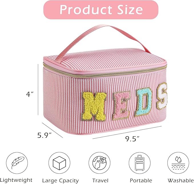 uekeboag Personalized Chenille Letter Seersucker MEDS Makeup Bag,Large Size Medicine RX Cosmetic Bag with Top Handle, First Aid Travel Organizer Bag for Women Girls(05Pink)
