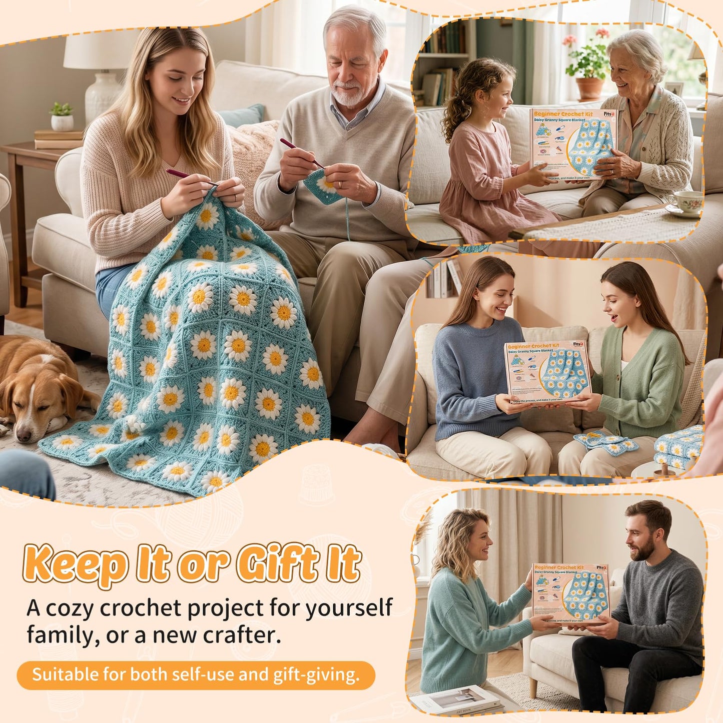 Fitsu Crochet Kit for Beginners, Daisy Granny Square Blanket Crochet Starter Kit with Yarn, Hooks, Step-by-Step Book & Video Tutorials, Easy Learn-to-Crochet Gift Set for Adults and Beginners