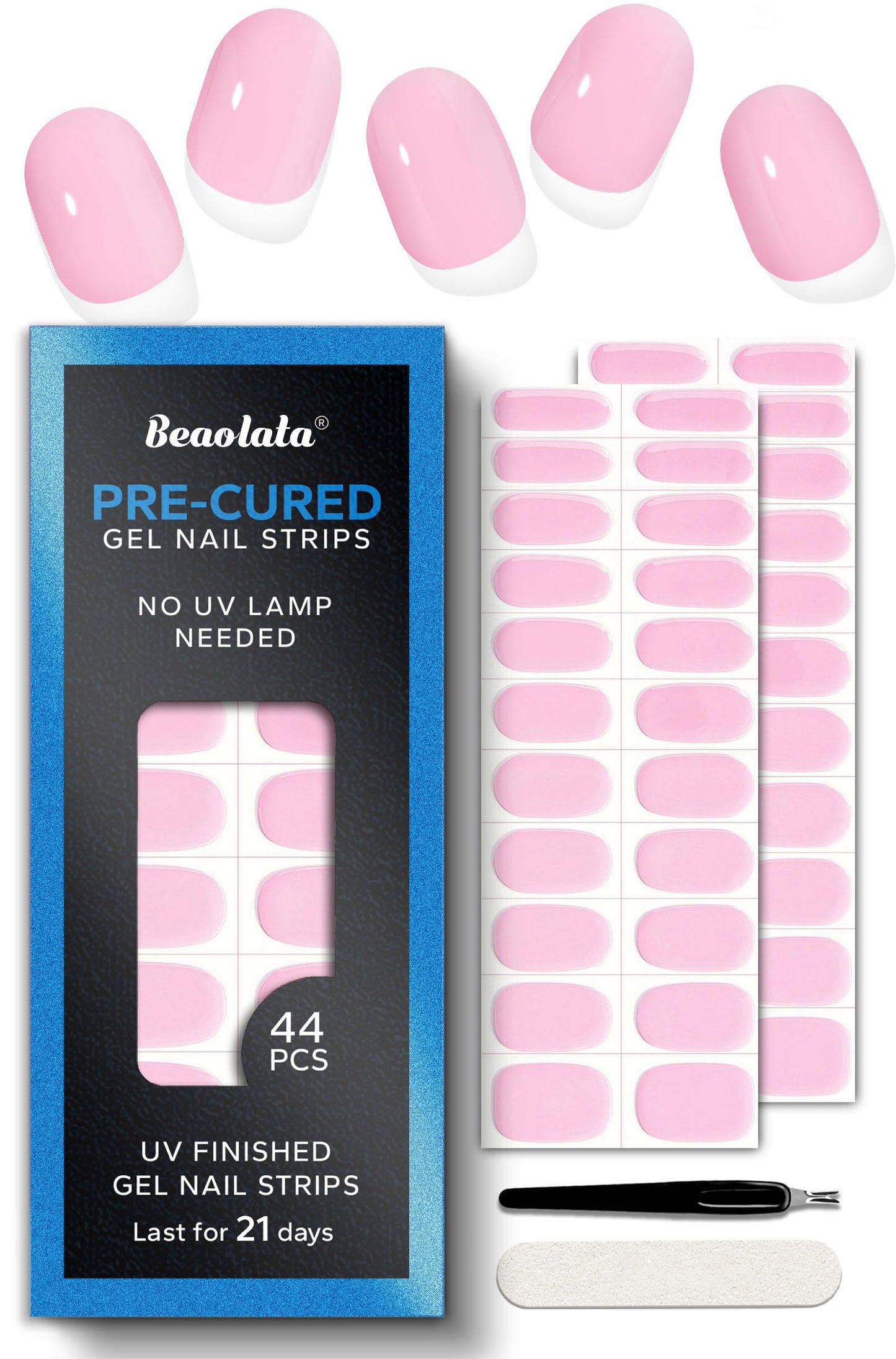 Beaolata Real Gel Nail Strips (No UV Light Needed) - 44Pcs Salon Quality Nail Stickers - Long Lasting Polish Wraps for Women, Easy Apply & Remove (Pure Pink)