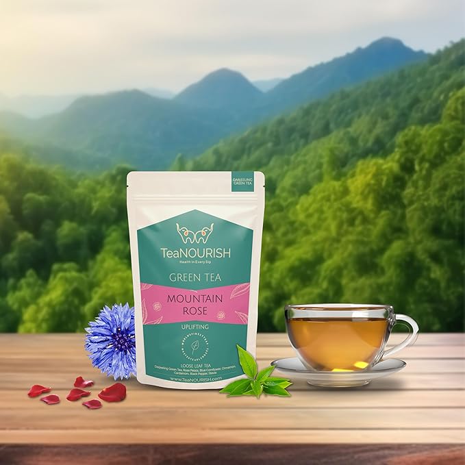 TeaNOURISH Mountain Rose Green Tea | Loose Leaf Tea | Blended with Rose Petals, Blue Cornflower & Cinnamon | 100% NATURAL INGREDIENTS | Brew Hot or Iced Tea - 1.76oz/50g (Pack of 2)