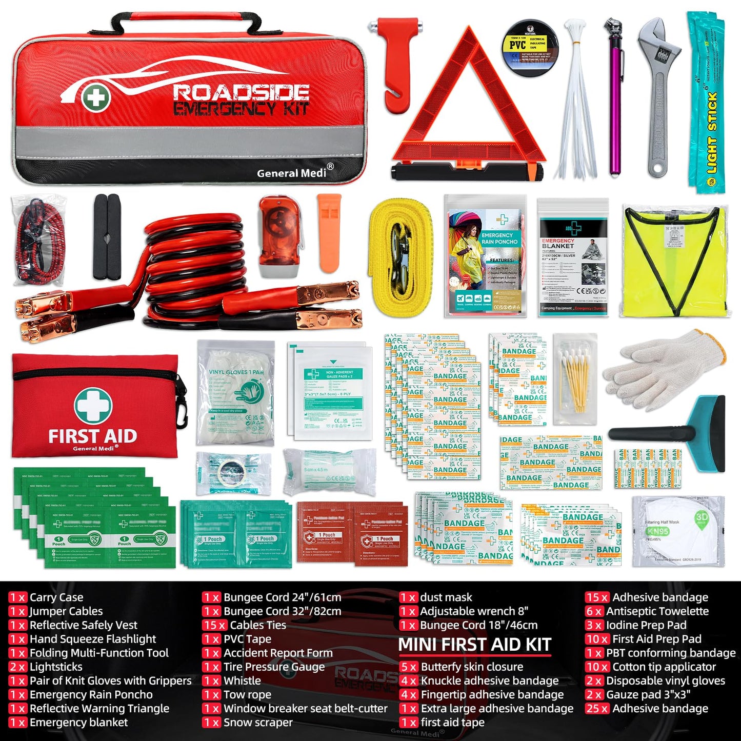 General Medi 127-Pieces Roadside Car Emergency Kit Include Mini First Aid Kit, Jumper Cables,Tow Rope, Bandage, Safety Vest, Emergency Triangle, All in One Pack