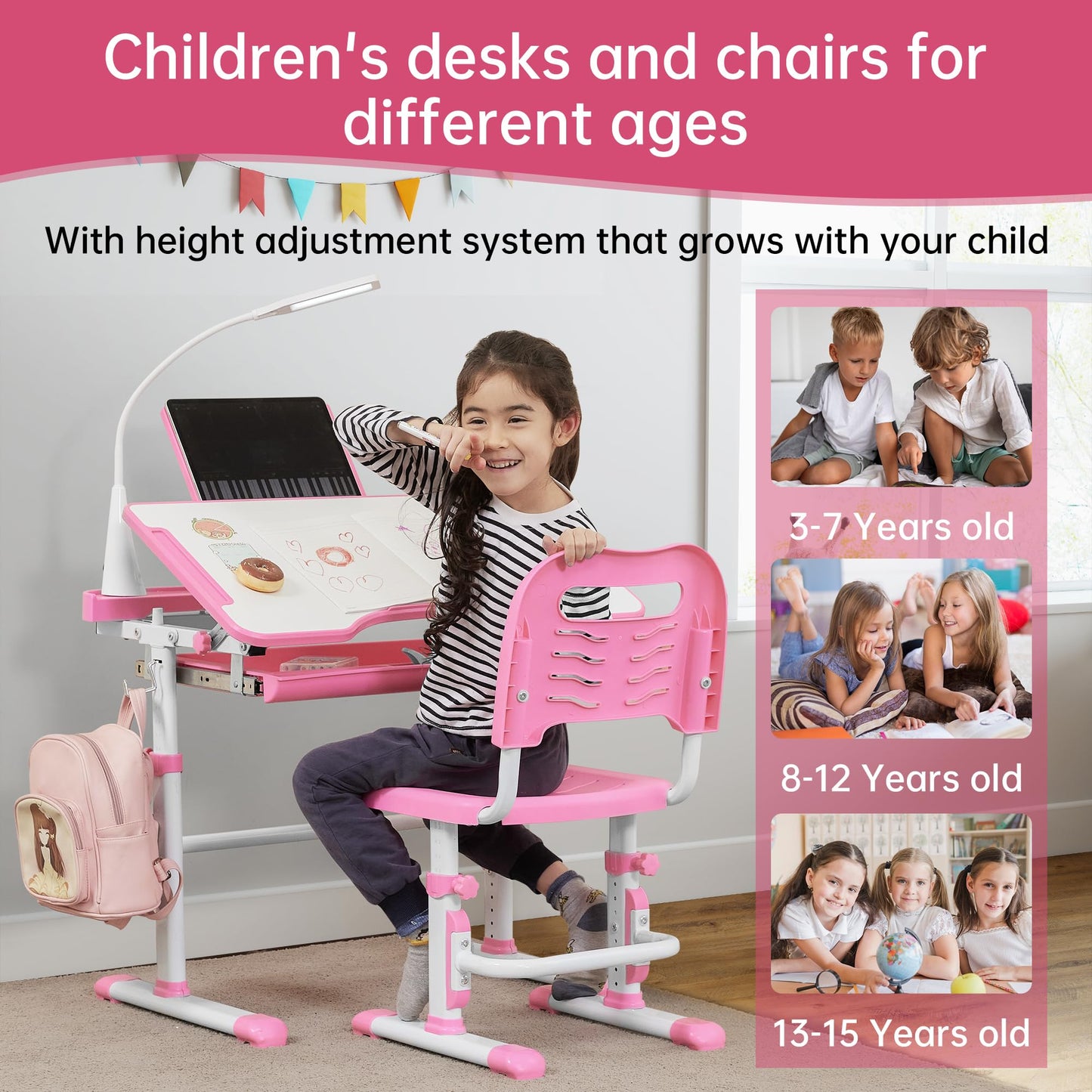 SMAGREHO Kids Desk and Chair Set, Height Adjustable Child's School Study Writing Tables with Tilt Desktop, LED Light, Storage Drawer, Book Stand (Pink)