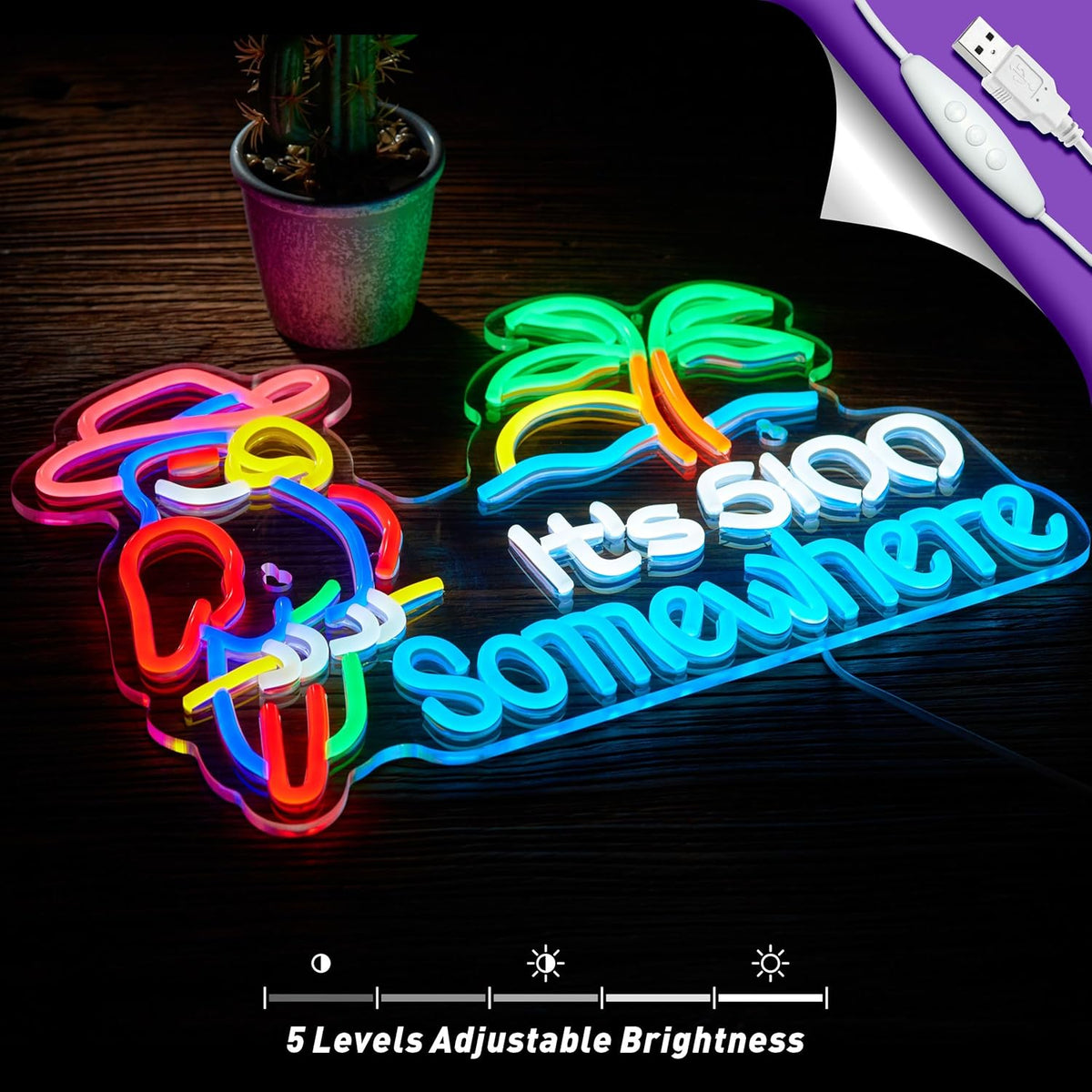 Parrot Its 5 00 O'clock Some Where Neon Sign for Wall Decor USB Powered Five Oclock Dimmable Bar Beer LED Light Man Cave