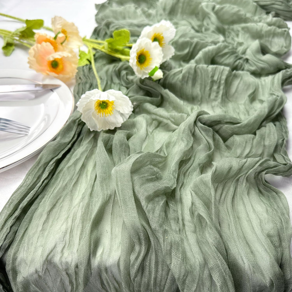 Booque Valley Dusty Green Cheesecloth Table Runner 10ft Super Soft Boho Wrinkled Gauze Sheer Cloth for Baby Shower Baptism Birthday Party Wedding Centerpiece Table Decoration, 35x120 Inch
