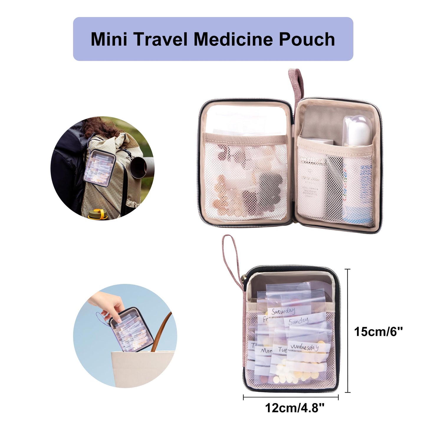 Lexeeco Medicine Storage Bag Pill Bottle Organizer with Portable Small Pouch Travel Medication Bottle Organizer for Emergency Home First Aid Box Kit (Pink)