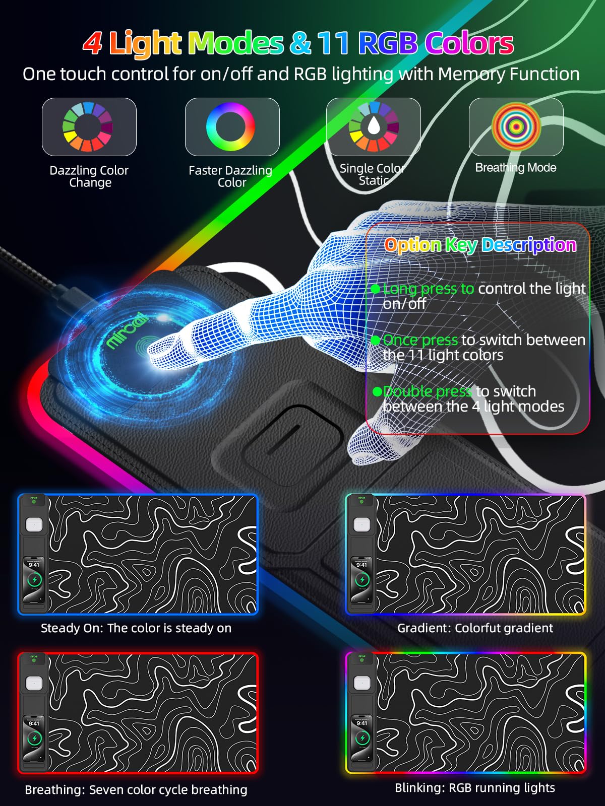 Mouse Pad with Foldable Phone Holder & Wireless Charger, XXL RGB Gaming Mousepad 31.5"x15.8" Large Desk Mat for Keyboard, 11 Colors 5 Modes