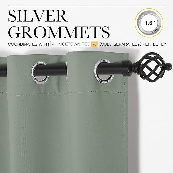 NICETOWN Bedroom Curtain Panels Blackout Draperies, Thermal Insulated Solid Grommet Blackout Curtains/Drapes (Greyish Green, 1 Pair, 34 by 45-inch)