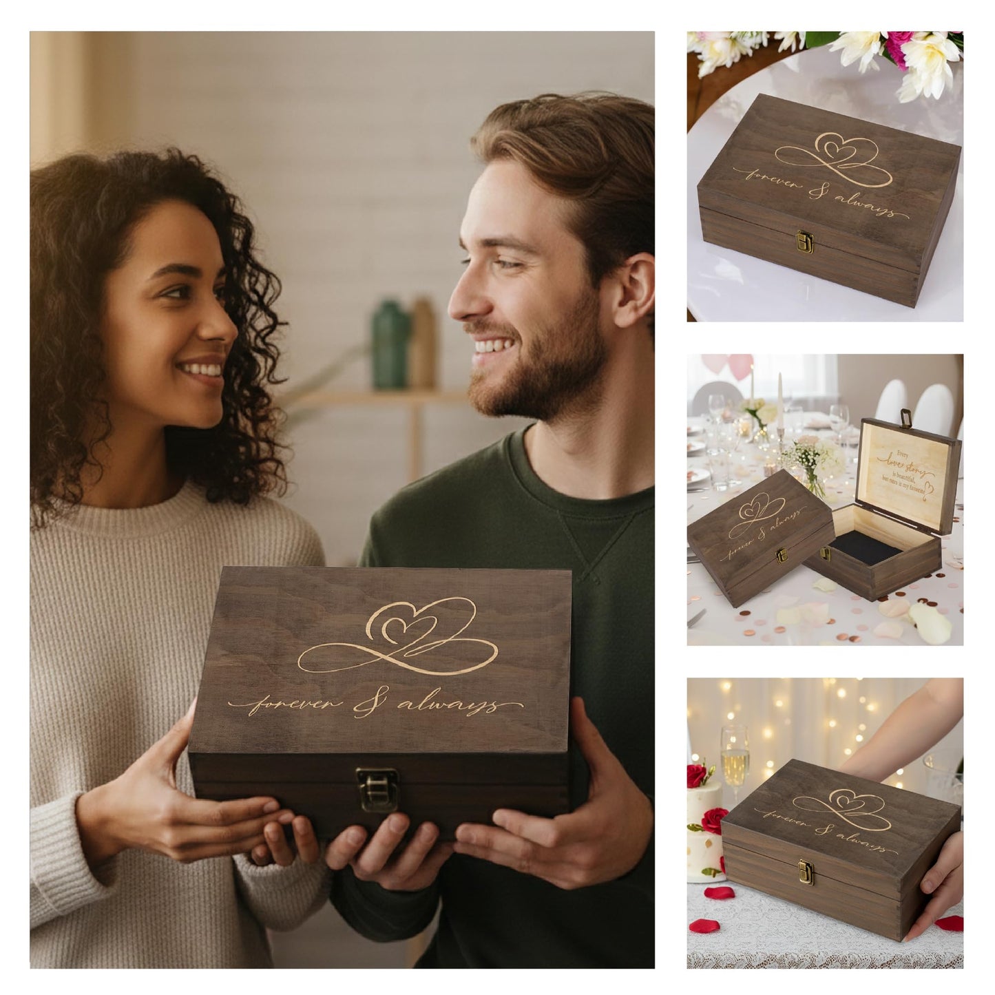 Rustic Wooden Memory Box – Medium Keepsake Storage Box with Double-Sided Engraving – “Forever & Always” Outside & “Every Love Story…” Inside – Personalized Gift for Couples, Wedding, Anniversary