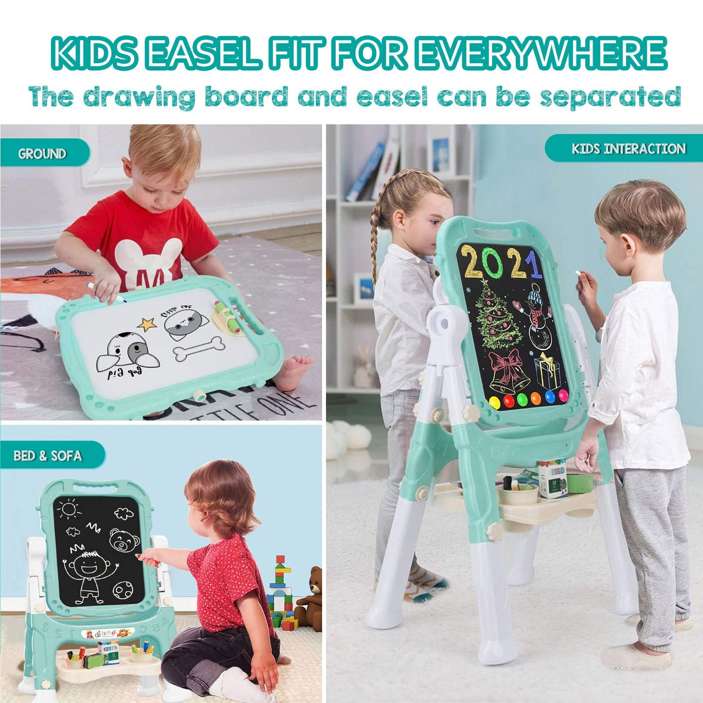 Mojitodon Easel for Kids,Rotatable Double Sided Easel for Kids Adjustable Standing Art Easel with Painting Accessories for Toddlers Boys and Girls-Green